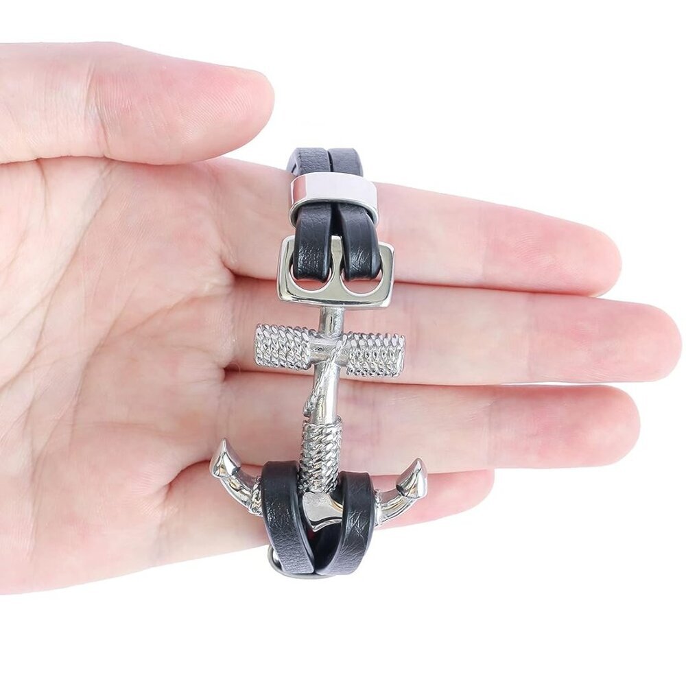 Rope Anchor Black Leather Bracelet for Men AD - Picture 2 of 6